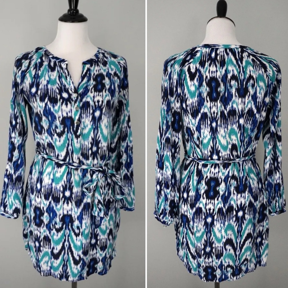 Banana Republic v neck tie waist blue ikat shirt dress size 2 long sleeve